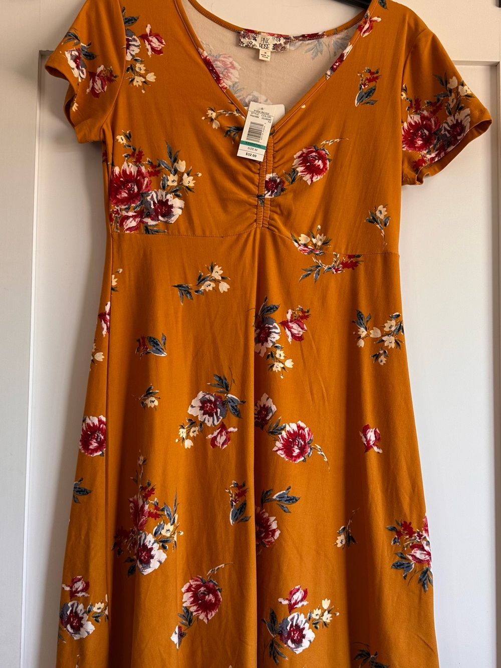 Pink Rose Mustard Floral V-Neck Midi Dress - Picture 3 of 6